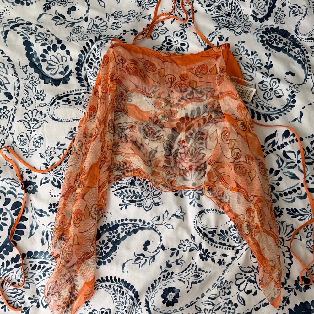 Max Studio Silk Sheer Orange Floral Halter Tie-Back Crop Top